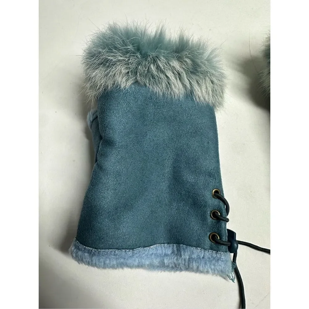 Women’s Faux Suede Fingerless Gloves Sky Blue One Size Rabbit Fur Trim Lace Up